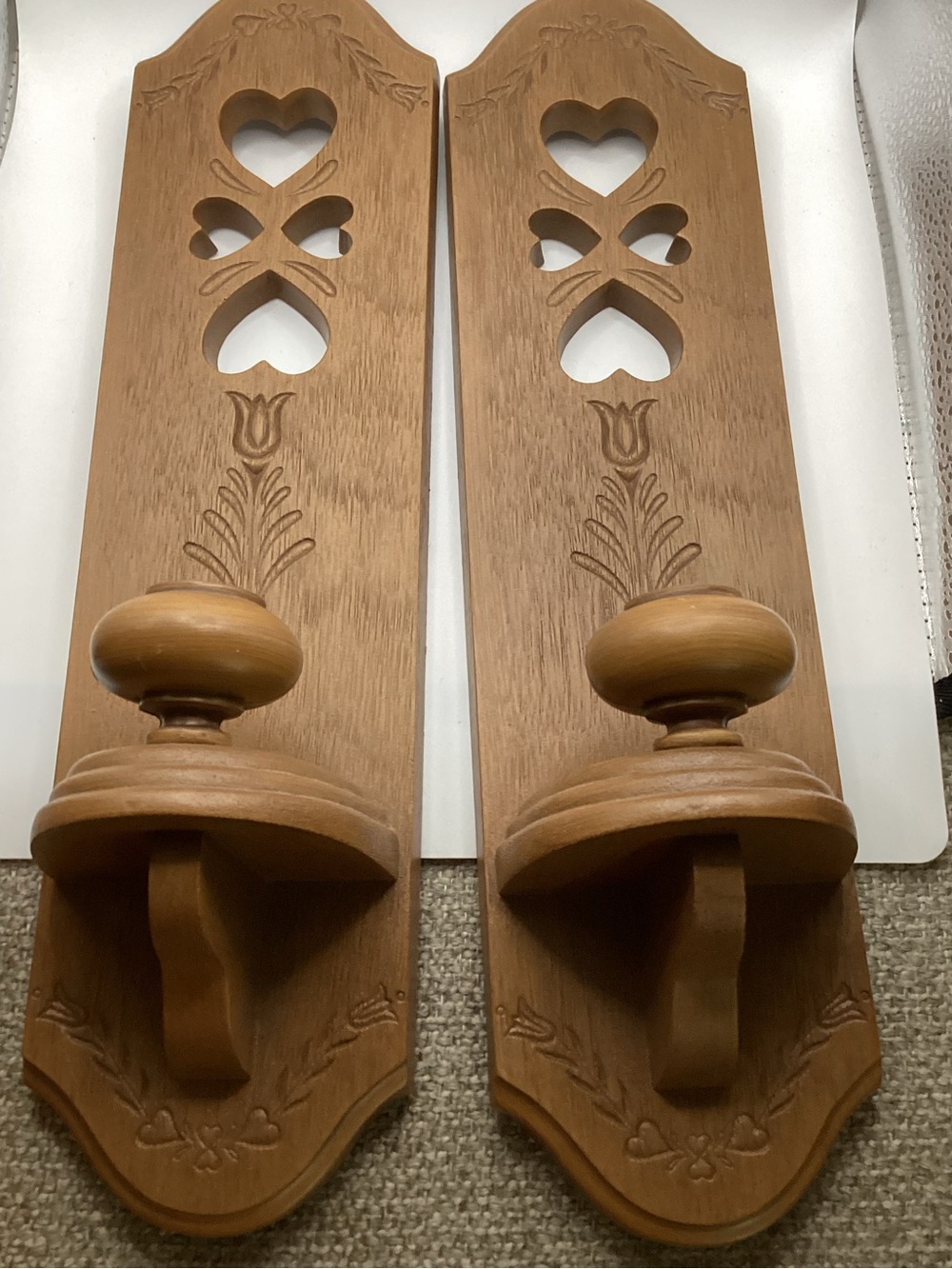 vintage 1986 Burwood faux-wood wall sconces with cut out hearts